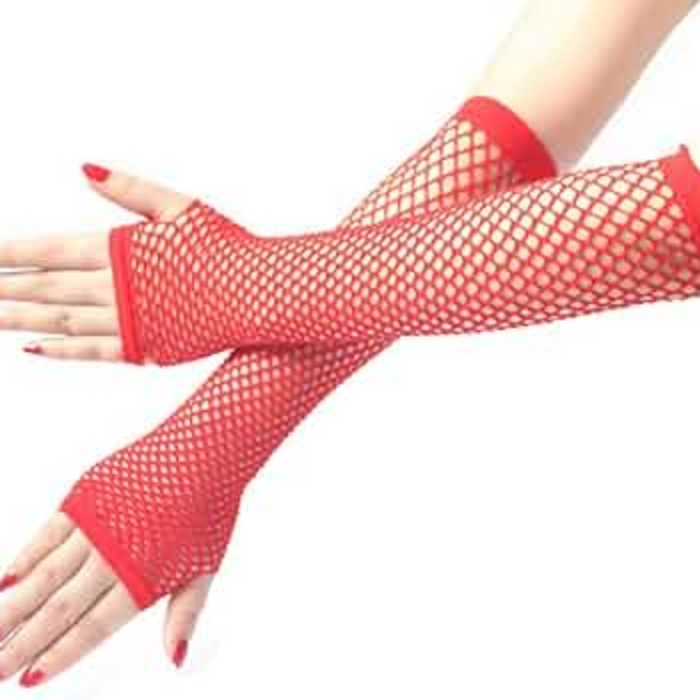 Fingerless Fishnet Red Arm Sleeve Mesh Gloves